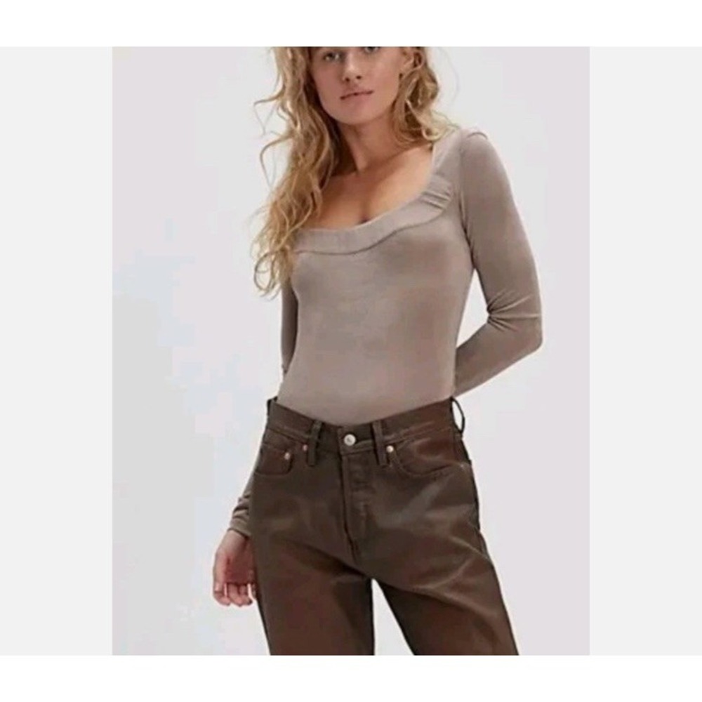 Free People By The Way Top Slinky Scoop Neck Shiny Mushroom Taupe Stretch Small